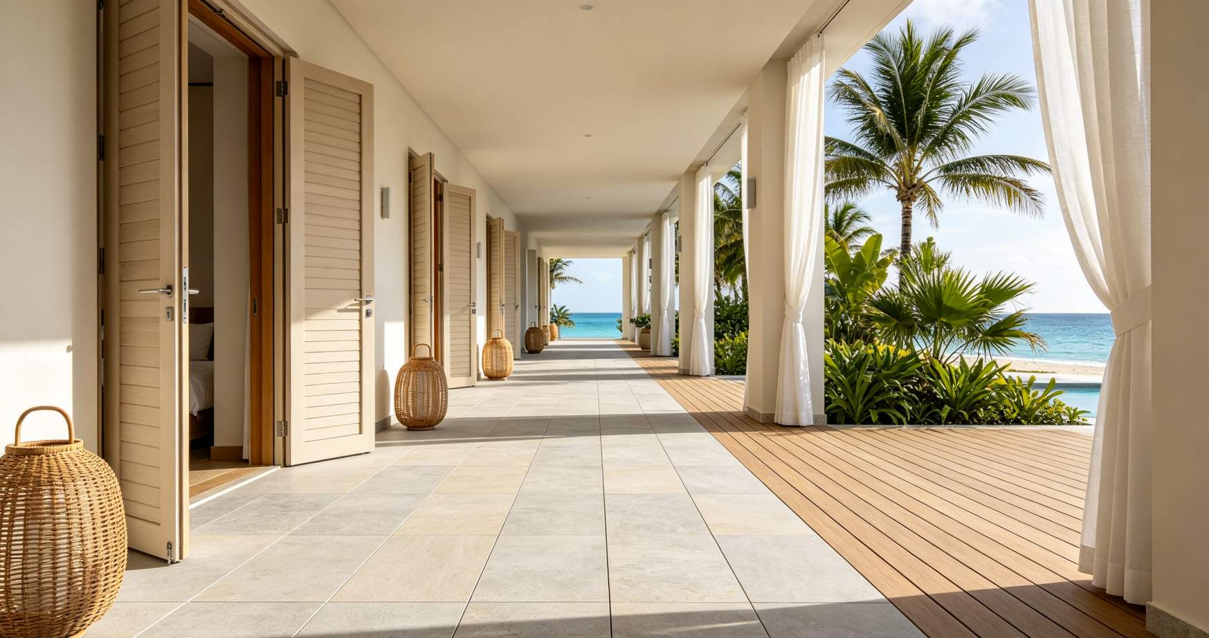 Tropical resort corridor with WPC flooring and ocean views