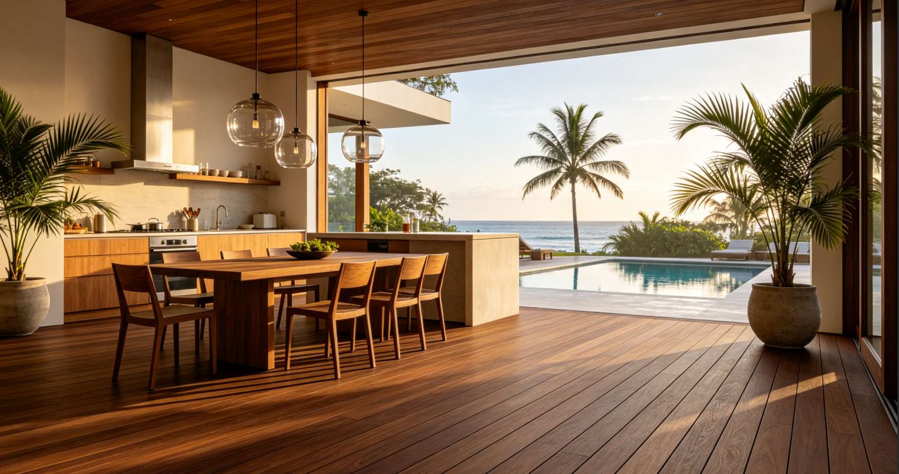 WPC flooring on a beachfront café terrace overlooking a tropical beach