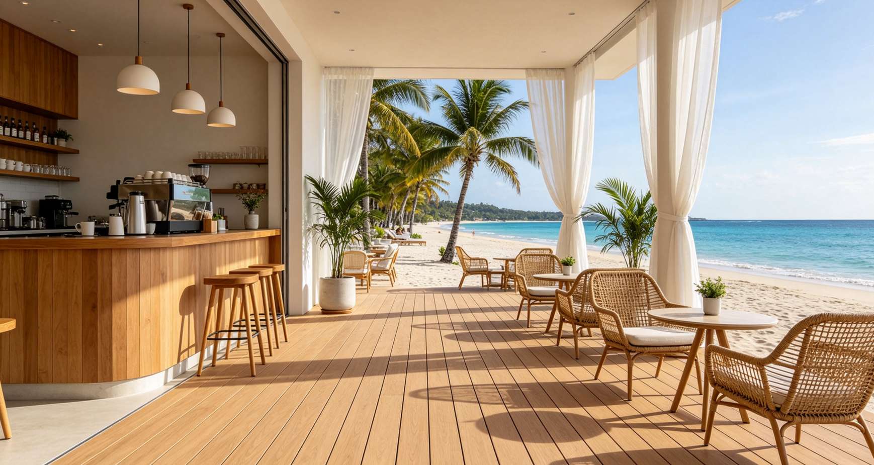 WPC outdoor flooring on a beachfront terrace with palm trees and ocean views